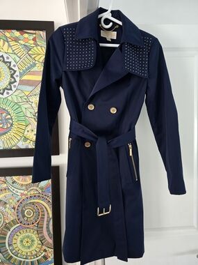Michael Kors Navy Trench Coat with Studded Collar and Gold Hardware